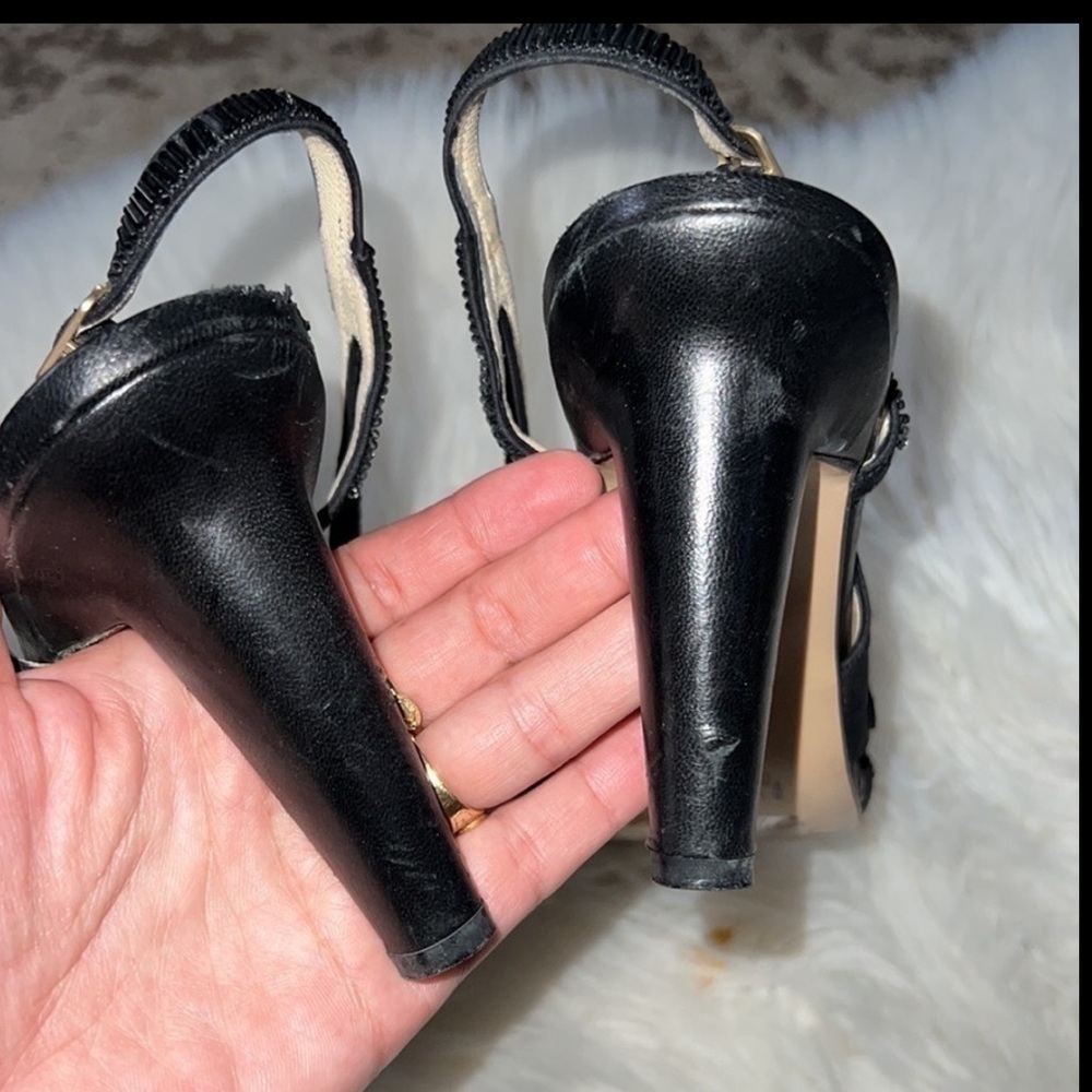 BOTTEGA VENETA Black Satin and Leather Slingback Heels - Picture 5 of 16